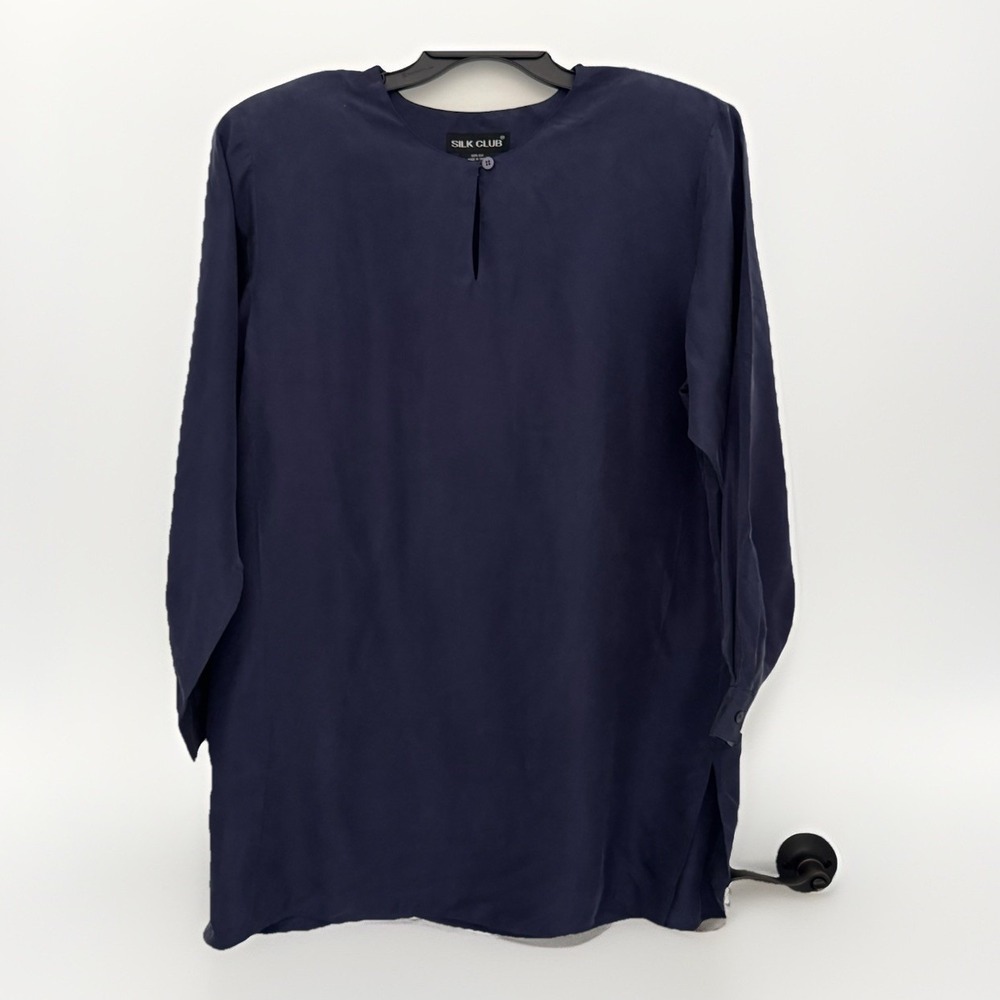 SILK CLUB Blouse Womens L Blue Silk Vintage Tunic Padded Shoulder Peasant Boho